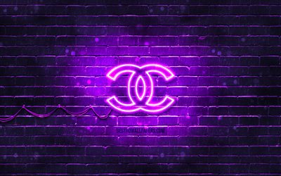 Chanel mor logo, 4k, mor brickwall, Chanel logo, marka, neon Chanel logosu, Chanel