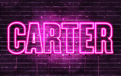 Carter, 4k, taustakuvia nimet, naisten nimi&#228;, Carter nimi, violetti neon valot, vaakasuuntainen teksti, kuva Carter nimi