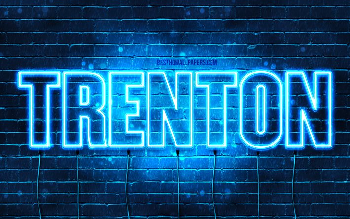 Trenton, 4k, pap&#233;is de parede com os nomes de, texto horizontal, Trenton nome, luzes de neon azuis, imagem com Trenton nome