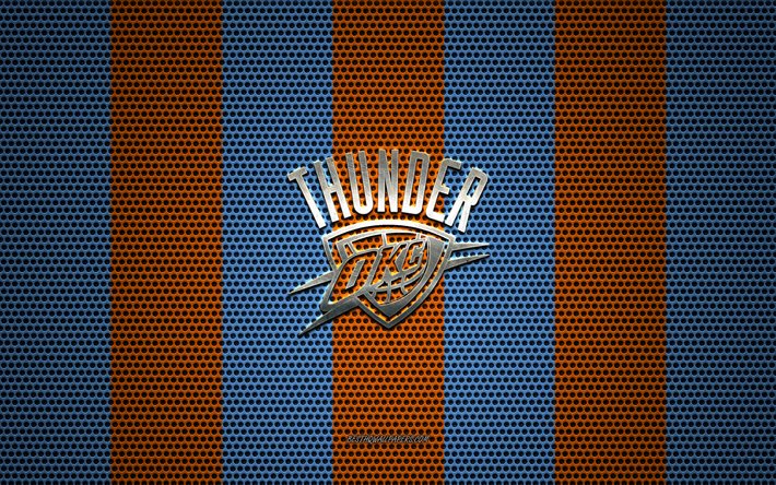 Oklahoma City Thunder-logo, American basketball club, metalli-tunnus, sininen oranssi metalli mesh tausta, Oklahoma City Thunder, NBA, Oklahoma City, Oklahoma, USA, koripallo