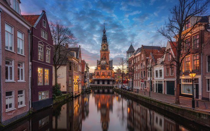 Alkmaar, evening, sunset, chapel, canals, North Holland, Netherlands