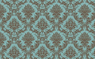 vintage motif floral, 4k, brun damass&#233; motif, bleu vintage fond, motifs floraux, des arri&#232;re-plans vintage, bleu r&#233;tro origines, floral vintage pattern