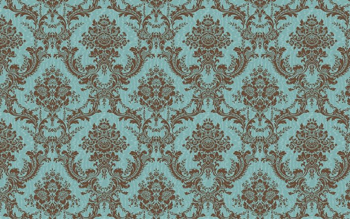 vintage floral pattern, 4k, brown damask pattern, blue vintage background, floral patterns, vintage backgrounds, blue retro backgrounds, floral vintage pattern
