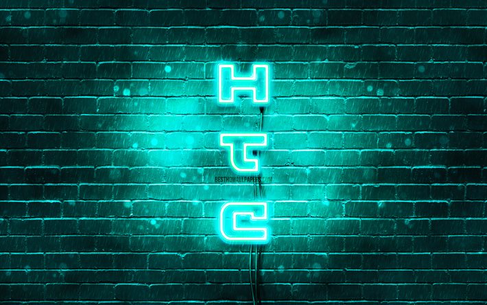 4K, HTC turchese logo, testo verticale, turchese, brickwall, HTC neon logo, creativo, logo HTC, opere d&#39;arte, HTC