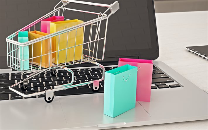 compras on-line, laptop, compras, compras em sites, saco de compras no seu teclado