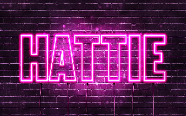 Hattie, 4k, taustakuvia nimet, naisten nimi&#228;, Hattie nimi, violetti neon valot, vaakasuuntainen teksti, kuva Hattie nimi