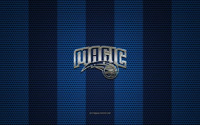 Orlando Magic logo, American basketball club, metal emblem, blue metal mesh background, Orlando Magic, NBA, Orlando, Florida, USA, basketball