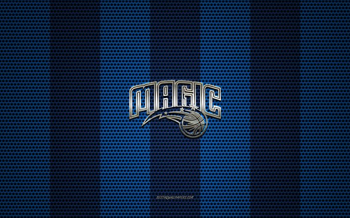 Orlando Magic logon, American basketball club, metalli-tunnus, sininen metalli mesh tausta, Orlando Magic, NBA, Orlando, Florida, USA, koripallo