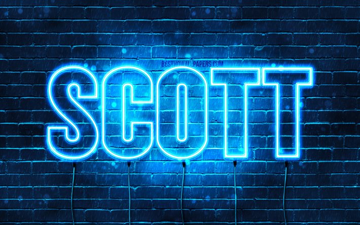 Scott, 4k, pap&#233;is de parede com os nomes de, texto horizontal, Nome de Scott, luzes de neon azuis, imagem com o nome de Scott