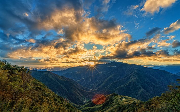 4k, Taiwan, sunset, berg, vacker natur, skogen, thail&#228;ndska naturen, sommar, Asien
