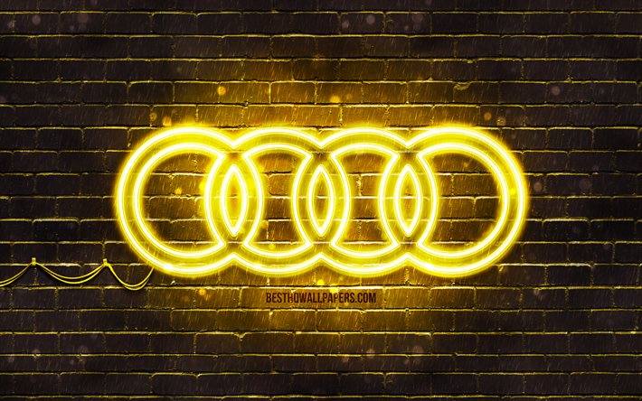 Audi sarı logo, 4k, sarı brickwall, Audi logosu, araba markaları, Audi neon logo, Audi