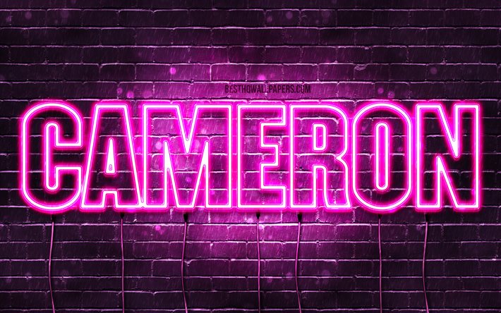 Cameron, 4k, taustakuvia nimet, naisten nimi&#228;, Cameron nimi, violetti neon valot, vaakasuuntainen teksti, kuva Cameron nimi