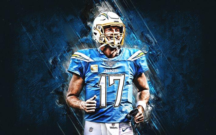 Philip Rivers, Los Angeles Chargers, NFL, portrait, blue stone background, american football, National Football League, USA