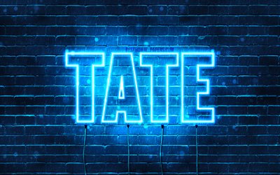 Tate, 4k, pap&#233;is de parede com os nomes de, texto horizontal, Tate nome, luzes de neon azuis, imagem com Tate nome