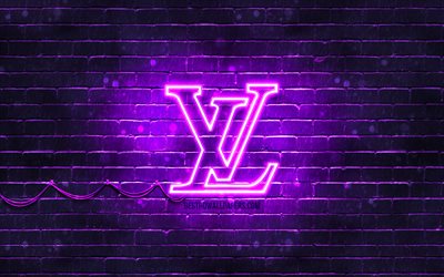Louis Vuitton violet logo, 4k, violet brickwall, Louis Vuitton logo, brands, Louis Vuitton neon logo, Louis Vuitton