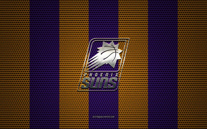 Phoenix Suns logo, American basketball club, metal emblem, purple-yellow metal mesh background, Phoenix Suns, NBA, Phoenix, Arizona, USA, basketball