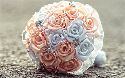 wedding bouquet, roses from fabric, bridal bouquet, blue-orange wedding bouquet, bouquet of roses, wedding concepts, 4k