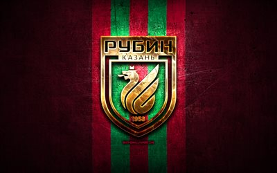 Rubin Kazan FC, golden logo, Russian Premier League, purple metal background, football, Rubin Kazan, russian football club, Rubin Kazan logo, soccer, Russia