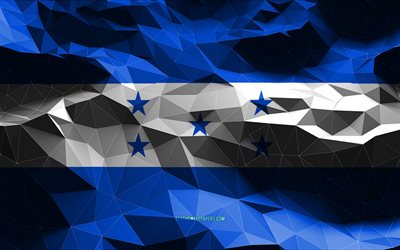 4k, Hondurasin lippu, matala poly-taide, Pohjois-Amerikan maat, kansalliset symbolit, 3D-liput, Honduras, Pohjois-Amerikka, Honduras 3D-lippu