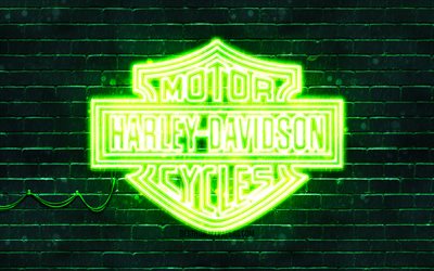 Logotipo verde da Harley-Davidson, 4k, parede de tijolos verdes, logotipo da Harley-Davidson, marcas de motocicletas, logotipo de n&#233;on da Harley-Davidson, Harley-Davidson