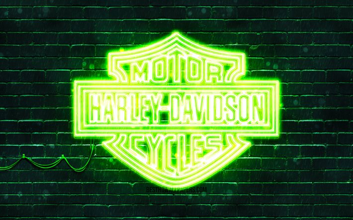 Harley-Davidson green logo, 4k, green brickwall, Harley-Davidson logo, motorcyles brands, Harley-Davidson neon logo, Harley-Davidson