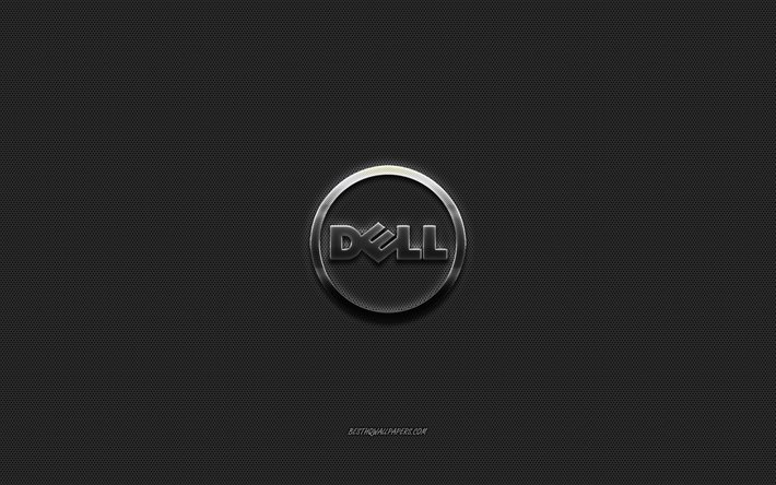 Logo Dell in acciaio, sfondo griglia in metallo nero, emblema Dell, Dell, emblema Dell con struttura in metallo