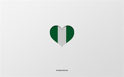 J&#39;aime le Nigeria, les pays d&#39;Afrique, le Nigeria, fond gris, le coeur du drapeau du Nigeria, le pays pr&#233;f&#233;r&#233;, l&#39;amour du Nigeria