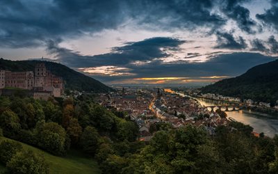 Castelo de Heidelberg, Rio Neckar, Heidelberg, noite, p&#244;r do sol, paisagem urbana de Heidelberg, Alemanha, panorama de Heidelberg