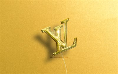 Louis Vuitton logosu, sarı ger&#231;ek&#231;i balonlar, 4k, fasion markaları, Louis Vuitton 3D logosu, sarı taş arka planlar, Louis Vuitton