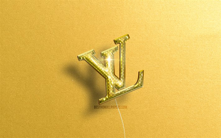 Louis Vuitton logo, yellow realistic balloons, 4k, fasion brands, Louis Vuitton 3D logo, yellow stone backgrounds, Louis Vuitton