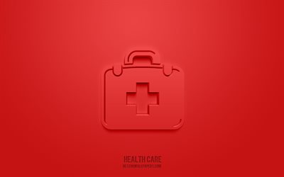 Health care 3d icon, red background, 3d symbols, Health care, Medicine icons, 3d icons, Health care sign, Medicine 3d icons