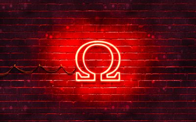 Logotipo Omega vermelho, 4k, parede de tijolos vermelhos, logotipo Omega, marcas de moda, logotipo Omega neon, Omega