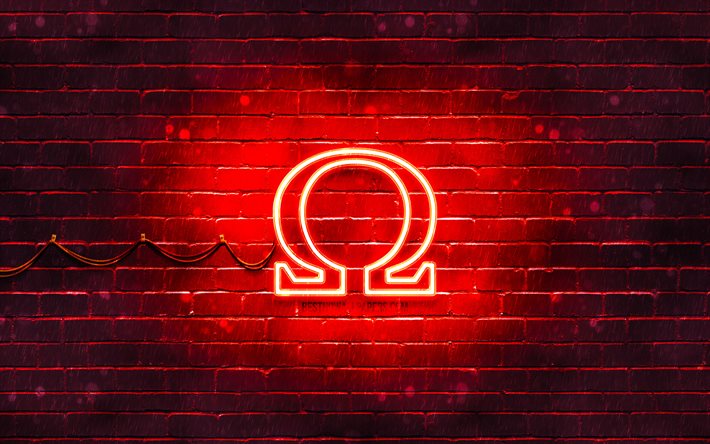 Logo rouge Omega, 4k, brickwall rouge, logo Omega, marques de mode, logo Omega n&#233;on, Omega