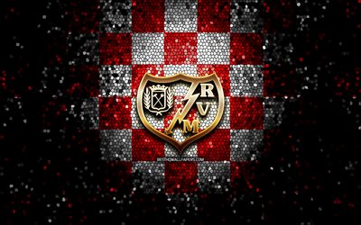 Rayo Vallecano FC, glitter logo, La Liga 2, red white checkered background, Segunda, soccer, spanish football club, Rayo Vallecano logo, mosaic art, football, LaLiga 2, Rayo Vallecano