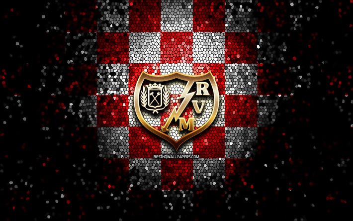 Rayo Vallecano FC, parlak logo, La Liga 2, kırmızı beyaz damalı arka plan, Segunda, futbol, İspanyol futbol kul&#252;b&#252;, Rayo Vallecano logosu, mozaik sanatı, LaLiga 2, Rayo Vallecano