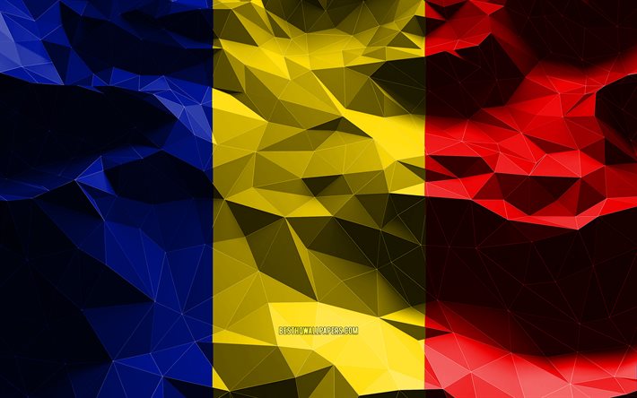 4k, bandeira romena, low poly art, pa&#237;ses europeus, s&#237;mbolos nacionais, bandeira da Rom&#234;nia, bandeiras 3D, Rom&#234;nia, Europa, bandeira 3D da Rom&#234;nia