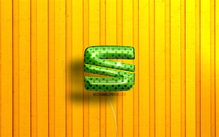 Seat 3D logo, 4K, green realistic balloons, yellow wooden backgrounds, cars brands, Seat logo, Seat