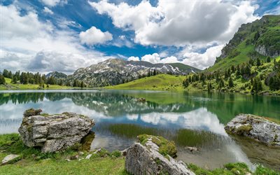 lago de montanha, primavera, montanhas, Alpes, paisagem montanhosa, belas montanhas, campos verdes