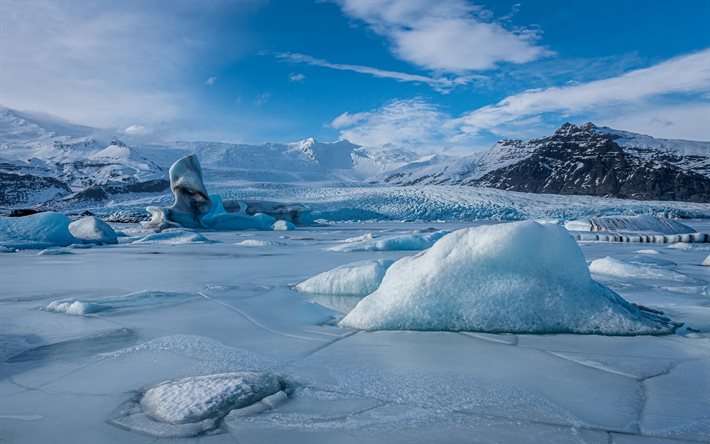 İzlanda, 4k, buzullar, dağlar, kış, g&#252;zel doğa, kar yığınları, kış manzaraları, Avrupa