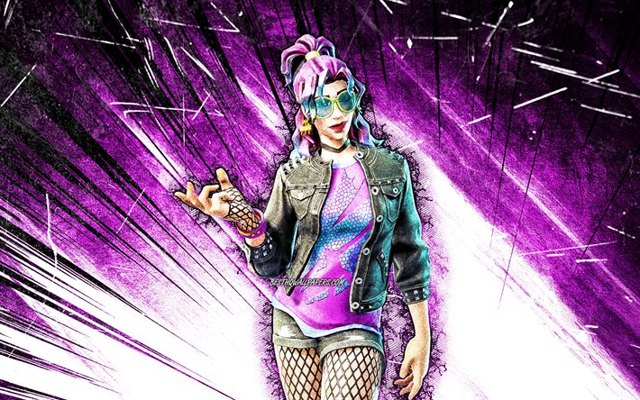 4k, Synth Star, art grunge, Fortnite Battle Royale, Personnages Fortnite, Synth Star Skin, rayons abstraits violets, Fortnite, Synth Star Fortnite