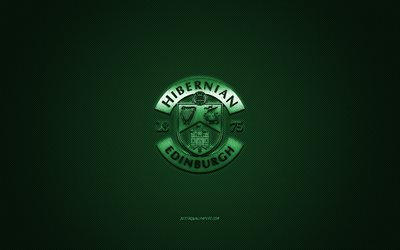Hibernian FC, Scottish football club, Scottish Premiership, green logo, green carbon fiber background, football, Edinburgh, Scotland, Hibernian FC logo
