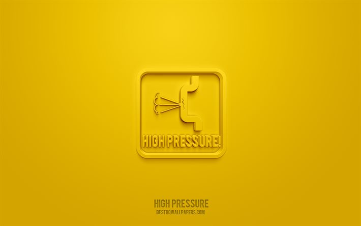 Icona 3d alta pressione, sfondo giallo, simboli 3d, alta pressione, icone di avvertenza, icone 3d, segno di alta pressione, icone 3d di avvertenza, segnali di avvertimento gialli