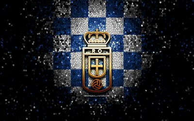 Real Oviedo FC, glitter logo, La Liga 2, blue white checkered background, Segunda, soccer, spanish football club, Real Oviedo logo, mosaic art, football, LaLiga 2, Real Oviedo