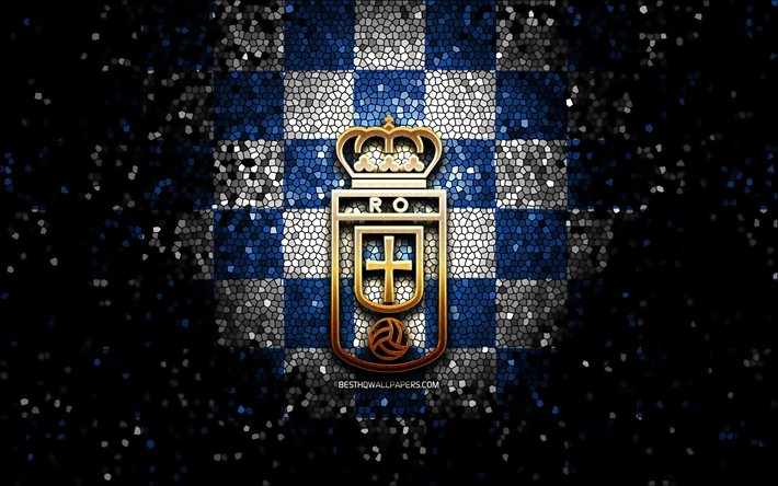 Real Oviedo FC, logo glitter, La Liga 2, sfondo a scacchi bianco blu, Segunda, calcio, squadra di calcio spagnola, logo Real Oviedo, arte del mosaico, LaLiga 2, Real Oviedo