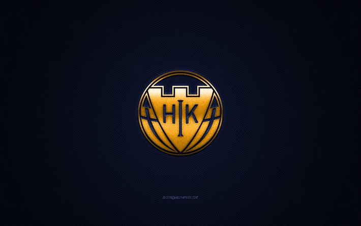 Hobro IK, tanskalainen jalkapalloseura, tanskalainen Superliga, keltainen logo, sininen hiilikuitutausta, jalkapallo, Hobro, Tanska, Hobro IK-logo