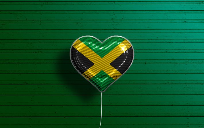 ジャマイカが大好き, 4k, リアルな風船, 緑の木製の背景, 北米諸国, ジャマイカの国旗のハート, 好きな国, ジャマイカの旗, フラグ付きバルーン, ジャマイカの国旗, 北米