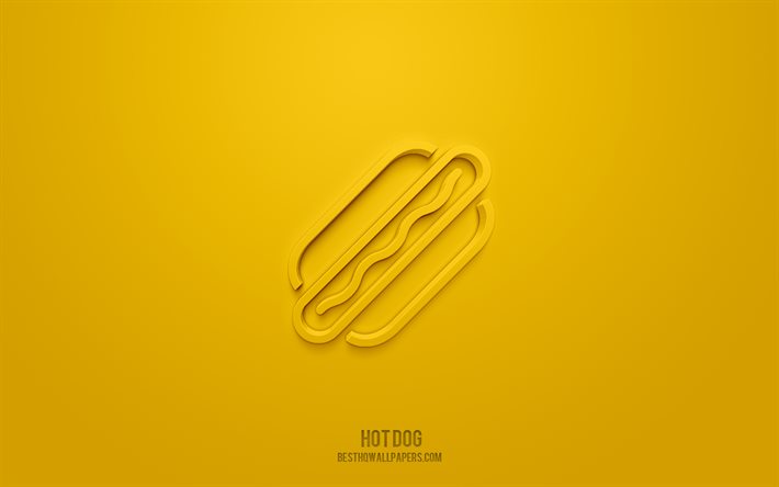 Hot dog -kuvake, keltainen tausta, 3D-symbolit, hot dog, pikaruokakuvakkeet, 3d-kuvakkeet, hot dog -merkki, pikaruokaa 3d-kuvakkeet