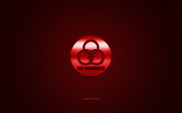 Horsens FC, clube de futebol dinamarqu&#234;s, Superliga dinamarquesa, logotipo vermelho, fundo vermelho de fibra de carbono, futebol, Horsens, Dinamarca, logotipo do Horsens FC