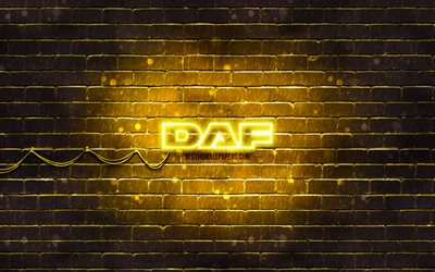 Logotipo amarelo DAF, 4k, parede de tijolos amarela, logotipo DAF, marcas de carros, logotipo de n&#233;on DAF, DAF