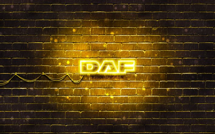 Logo giallo DAF, 4k, muro di mattoni giallo, logo DAF, marchi di automobili, logo DAF neon, DAF